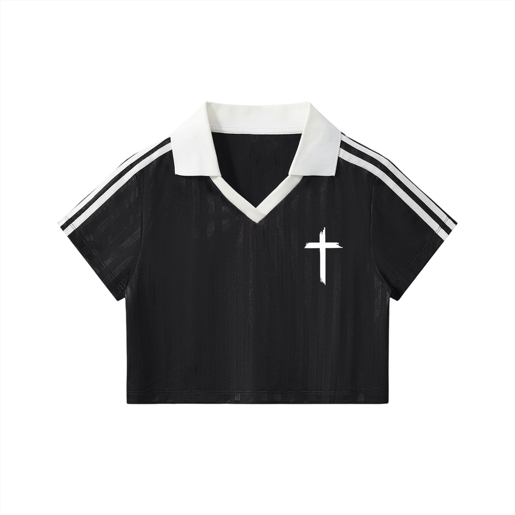 Contrast Collar Striped Cropped Jersey